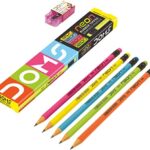 Doms Neon Wooden Pencils School Stationary Rubber Tipped Graphite for Kids, Boys & Girls Pack of 10