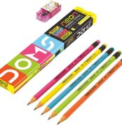 Doms Neon Wooden Pencils School Stationary Rubber Tipped Graphite for Kids, Boys & Girls Pack of 10