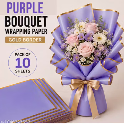 10 Pcs purple Bouquet Wrapping Paper 58x58cm with Gold Border | Waterproof Flower Wrapping Sheets for Florists & Gift Packing