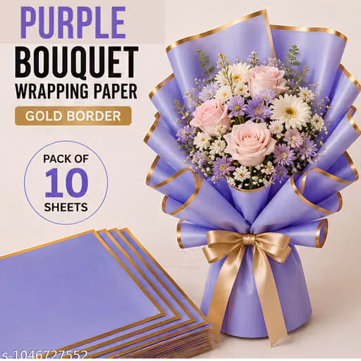 10 Pcs purple Bouquet Wrapping Paper 58x58cm with Gold Border | Waterproof Flower Wrapping Sheets for Florists & Gift Packing