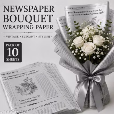 Grey Black Floral Newspaper Wrapping Sheets | 10 Pcs | 58x58 cm | Bouquet, Gift & Flower Wrapping Paper