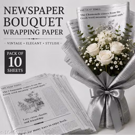 Grey Black Floral Newspaper Wrapping Sheets | 10 Pcs | 58x58 cm | Bouquet, Gift & Flower Wrapping Paper