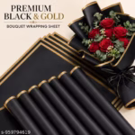 Premium Black Flower Bouquet Wrapping Paper with Gold Edge – Waterproof Floral Wrap Sheets (10-Sheets)