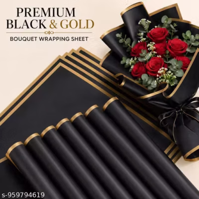 Premium Black Flower Bouquet Wrapping Paper with Gold Edge – Waterproof Floral Wrap Sheets (10-Sheets)