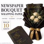 Premium Black Newspaper Wrapping Paper with Gold Print | 10 Sheets | 58x58 cm | Bouquet & Gift Wrapping