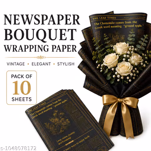 Premium Black Newspaper Wrapping Paper with Gold Print | 10 Sheets | 58x58 cm | Bouquet & Gift Wrapping